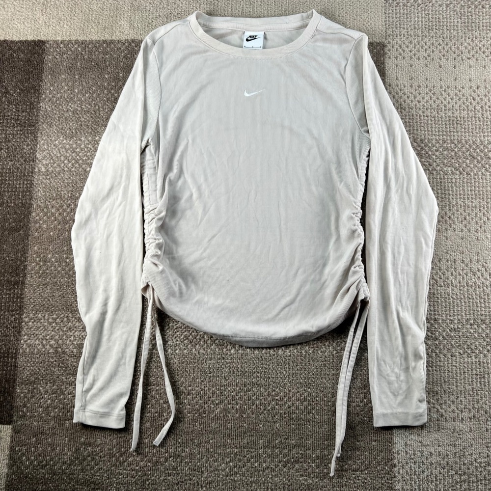 Nike Womens Ribbed Ruched Long Sleeve Top Light Beige Offwhite FB8717-104 Size M